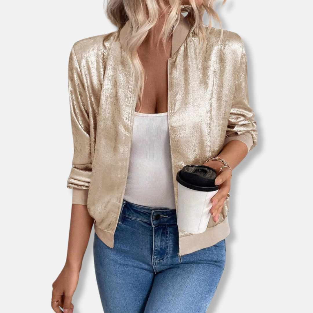 Ladies' Satin Finish Bomber Jacket with Zipper - Nocini