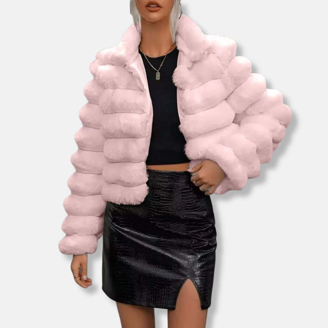Luxurious Short Faux Fur Coat | High Collar, Long Sleeve