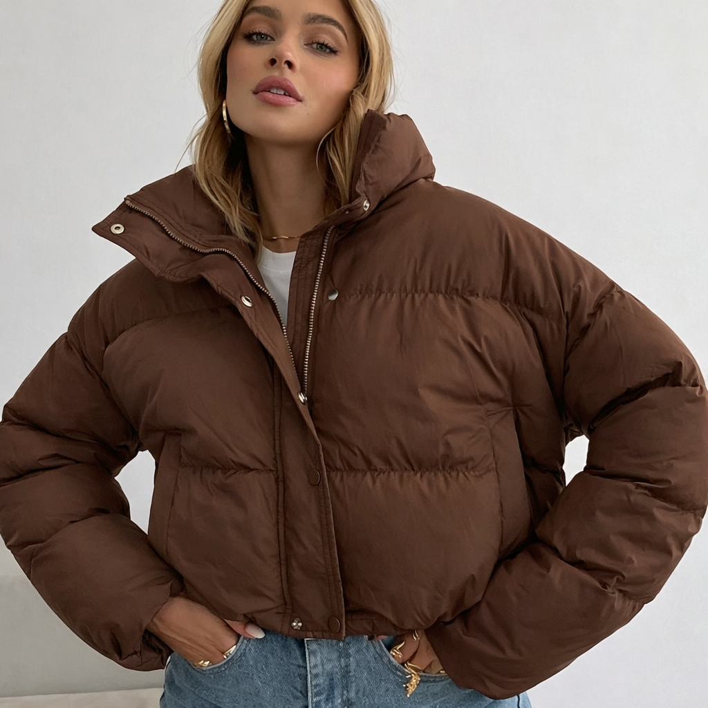 Women's Short Puffer Coat with Zip and High Neck