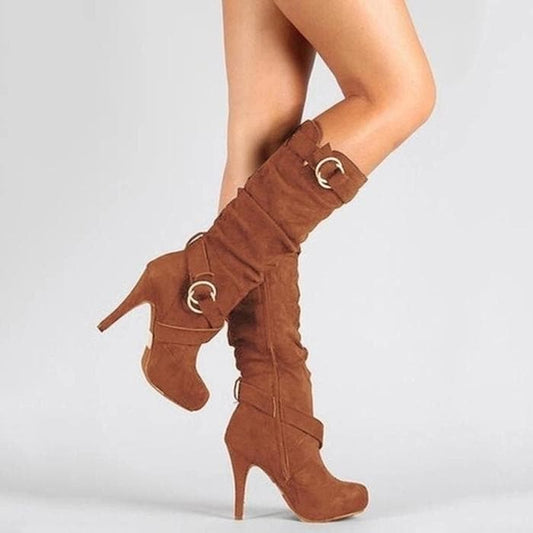 Trendy Tall Stiletto Boots with Buckle Details - Nocini