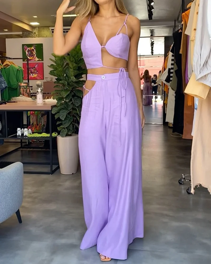 Ladies' 2-Piece Outfit - Cropped Halter Top with High-Waist Pants - Nocini