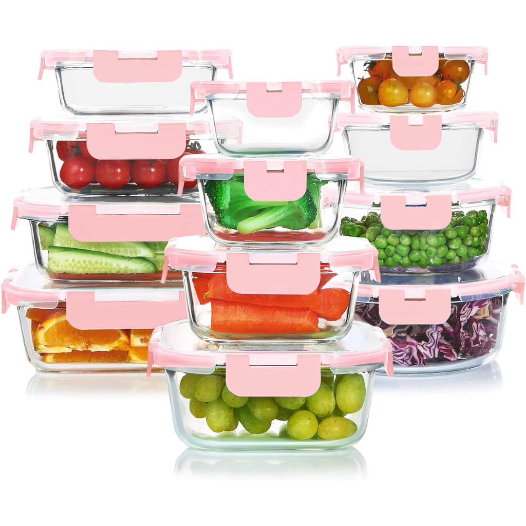 24-Piece Airtight Glass Food Storage Set - PurePreserve-Pink-Nora Luxe