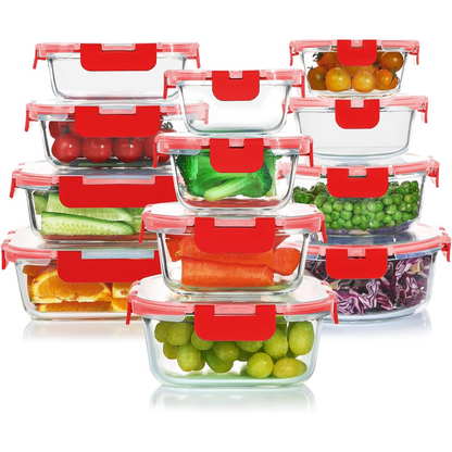 24-Piece Airtight Glass Food Storage Set - PurePreserve-Red-Nora Luxe