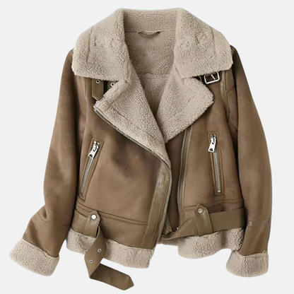 Soft Leather Aviator Jacket with Fur Trim Belt