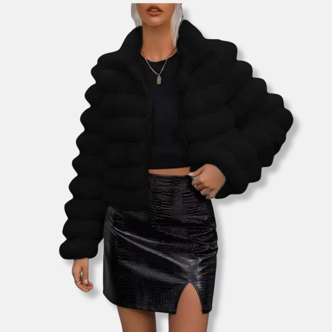Luxurious Short Faux Fur Coat | High Collar, Long Sleeve