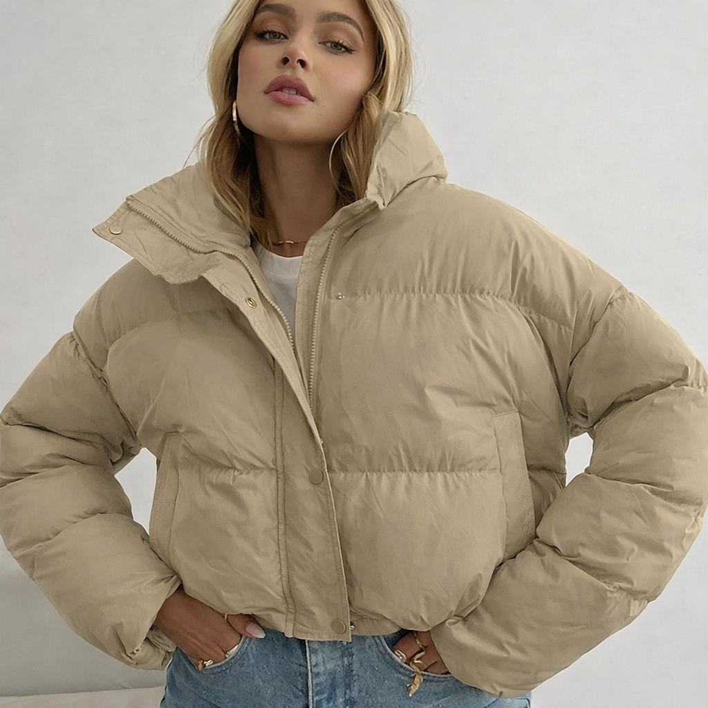 Women's Short Puffer Coat with Zip and High Neck