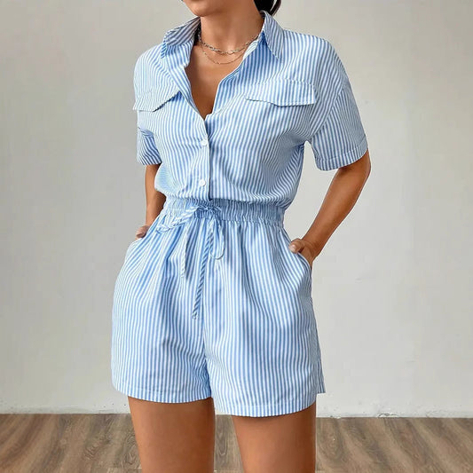Casual Striped Short Sleeve Women's Jumpsuit - Nocini