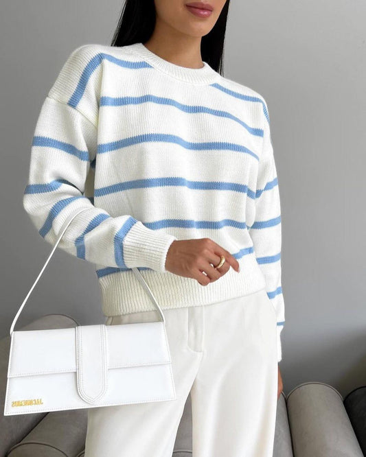 Comfy Oversized Striped Crew Neck Sweater - Nocini