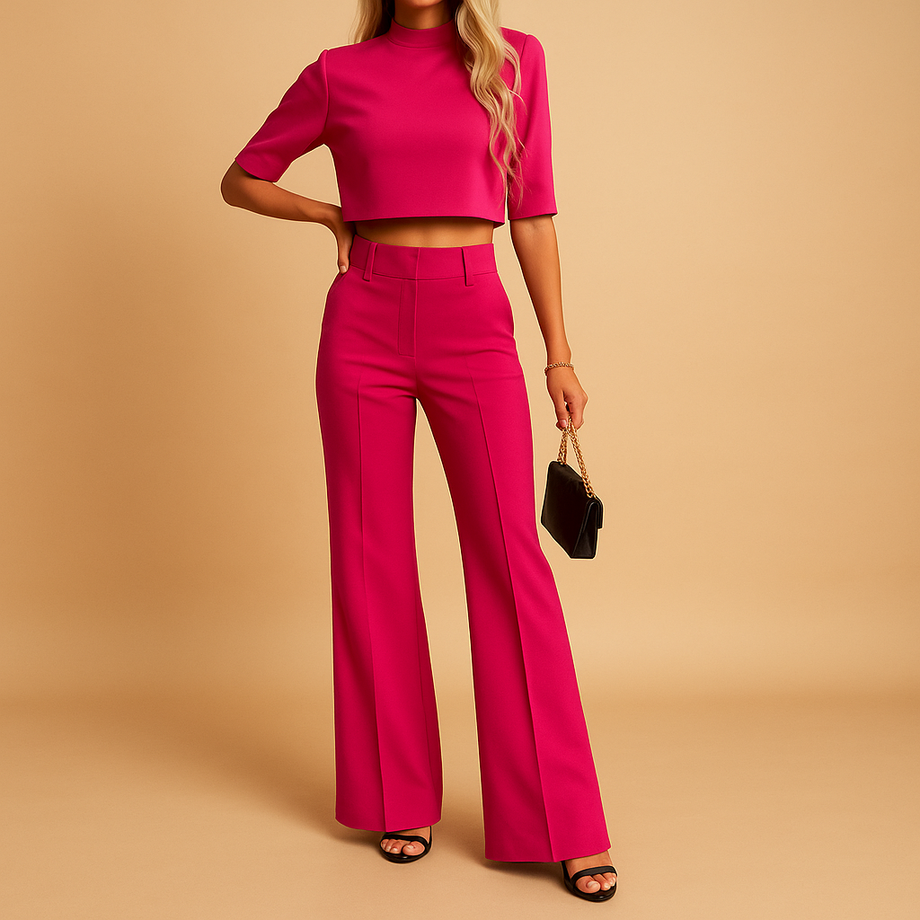Women’s autumn two-piece set with cropped top and fitted pants, perfect for work, leisure, and stylish casual wear.