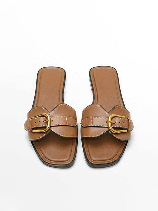 Adjustable Buckle Flat Slide Sandals - Pexav
