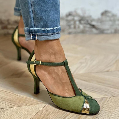 Ankle Strap Patchwork High Heels - Olytrend