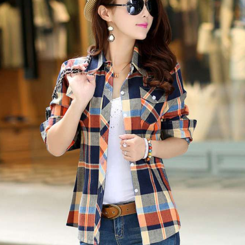 Fashionable Blouse with Check Pattern - Sienna-Orange-XS-Nora Luxe