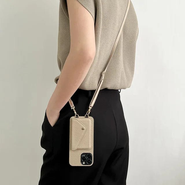 Leather Crossbody Phone Case - Urban Chic-Light Brown-iPhone 12-Nora Luxe