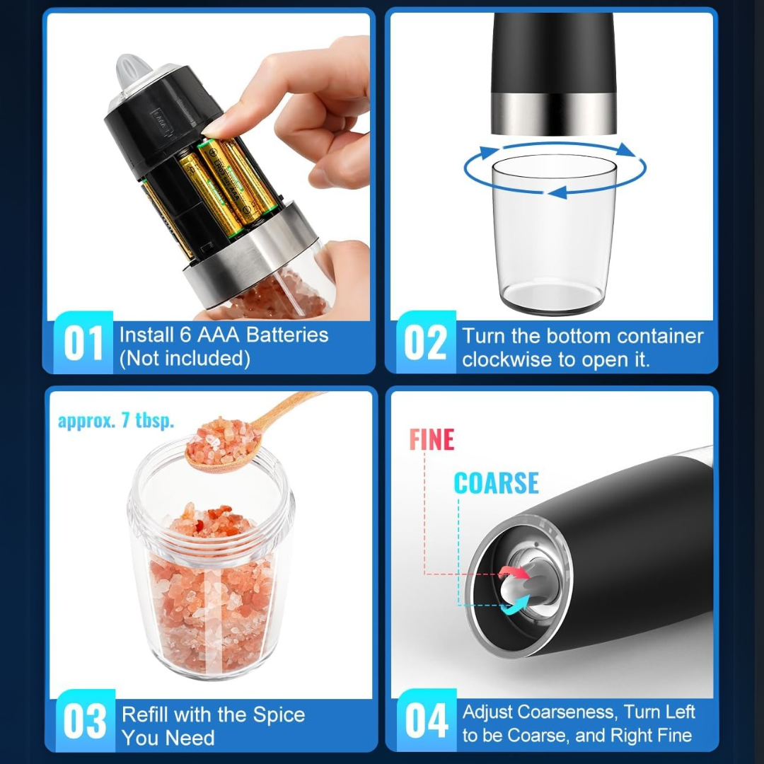 Rechargeable Electric Pepper and Salt Mill Set - GrindMaster Duo-Black-Nora Luxe