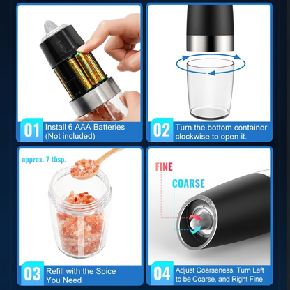 Rechargeable Electric Pepper and Salt Mill Set - GrindMaster Duo-Black-Nora Luxe