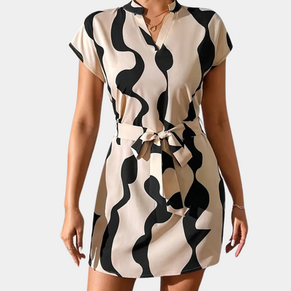 Stylish Beige Shift Dress with Waist Belt - Pexav
