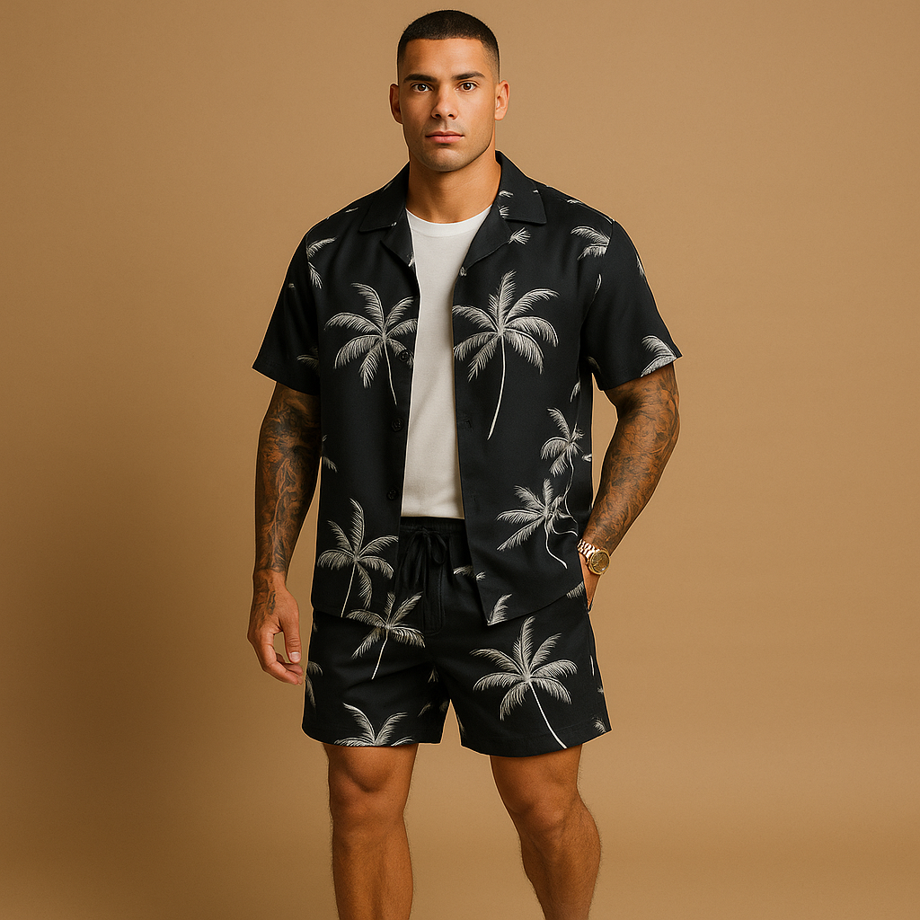 Men’s tropical summer set with palm and feather print, loose fit and breathable fabric. Perfect for beach days, holidays, or casual summer outfits.