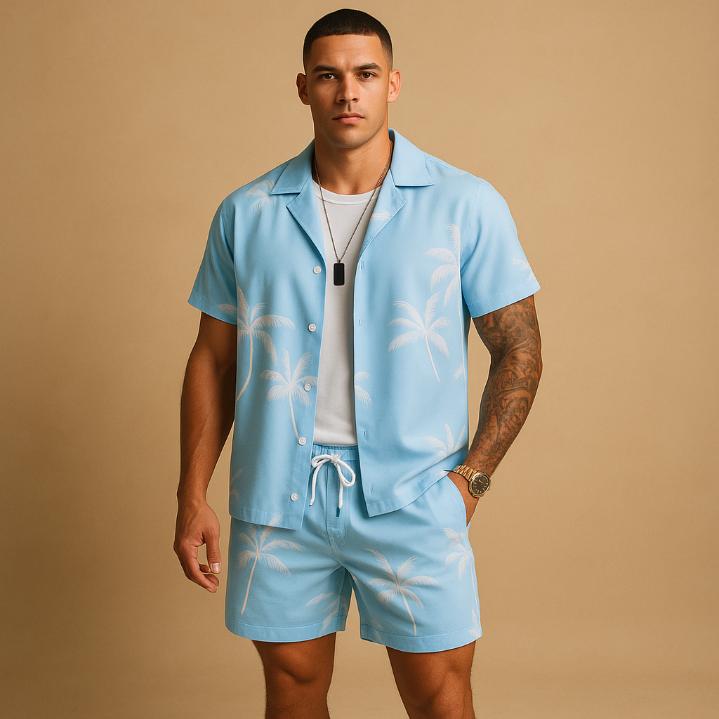 Men’s tropical summer set with palm and feather print, loose fit and breathable fabric. Perfect for beach days, holidays, or casual summer outfits.