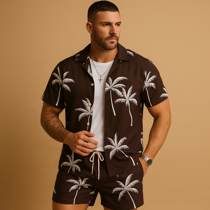 Men’s tropical summer set with palm and feather print, loose fit and breathable fabric. Perfect for beach days, holidays, or casual summer outfits.
