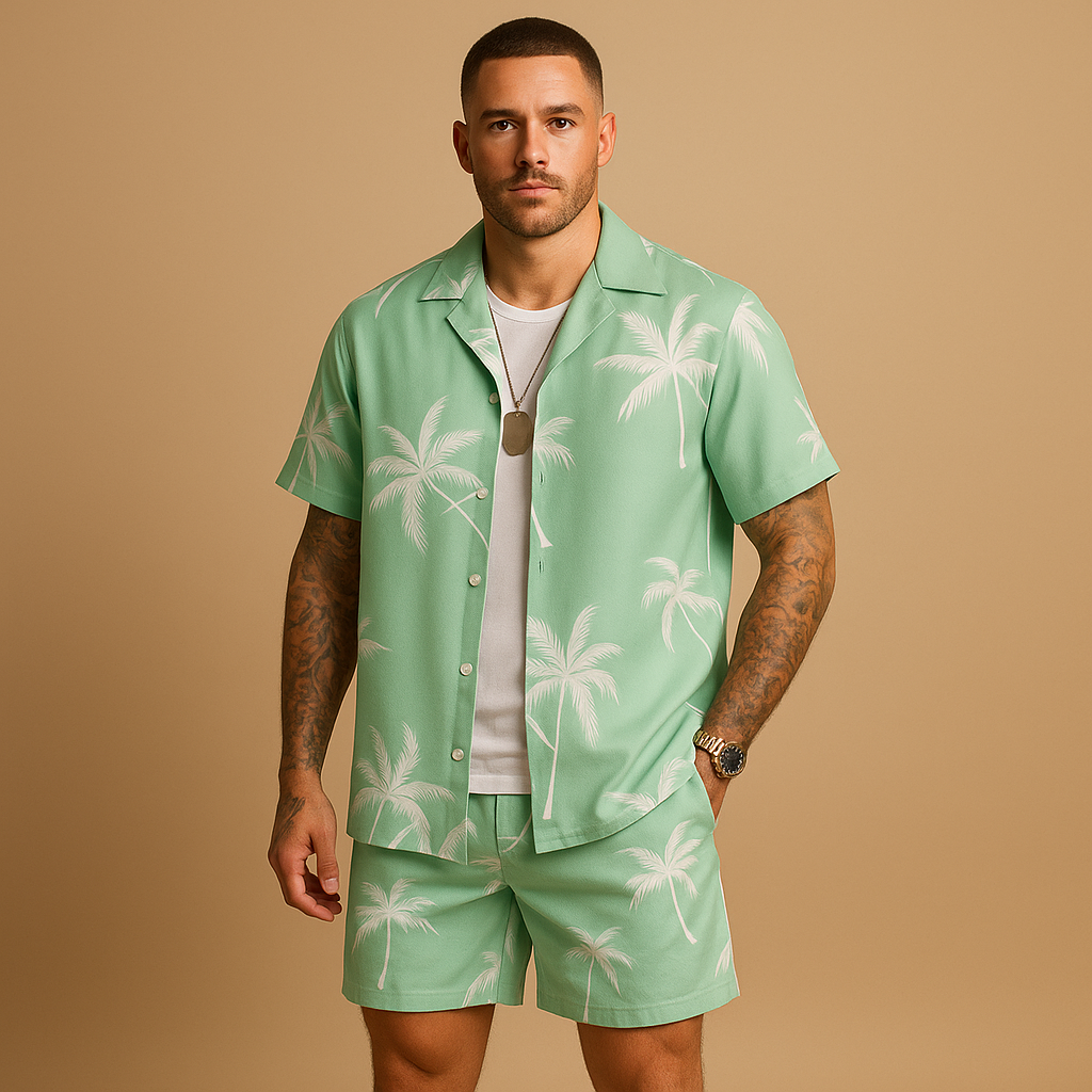 Men’s tropical summer set with palm and feather print, loose fit and breathable fabric. Perfect for beach days, holidays, or casual summer outfits.
