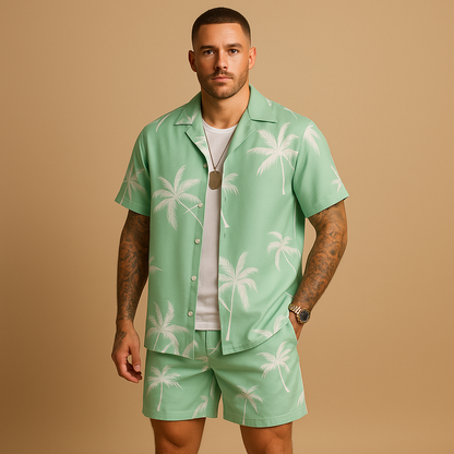 Men’s tropical summer set with palm and feather print, loose fit and breathable fabric. Perfect for beach days, holidays, or casual summer outfits.