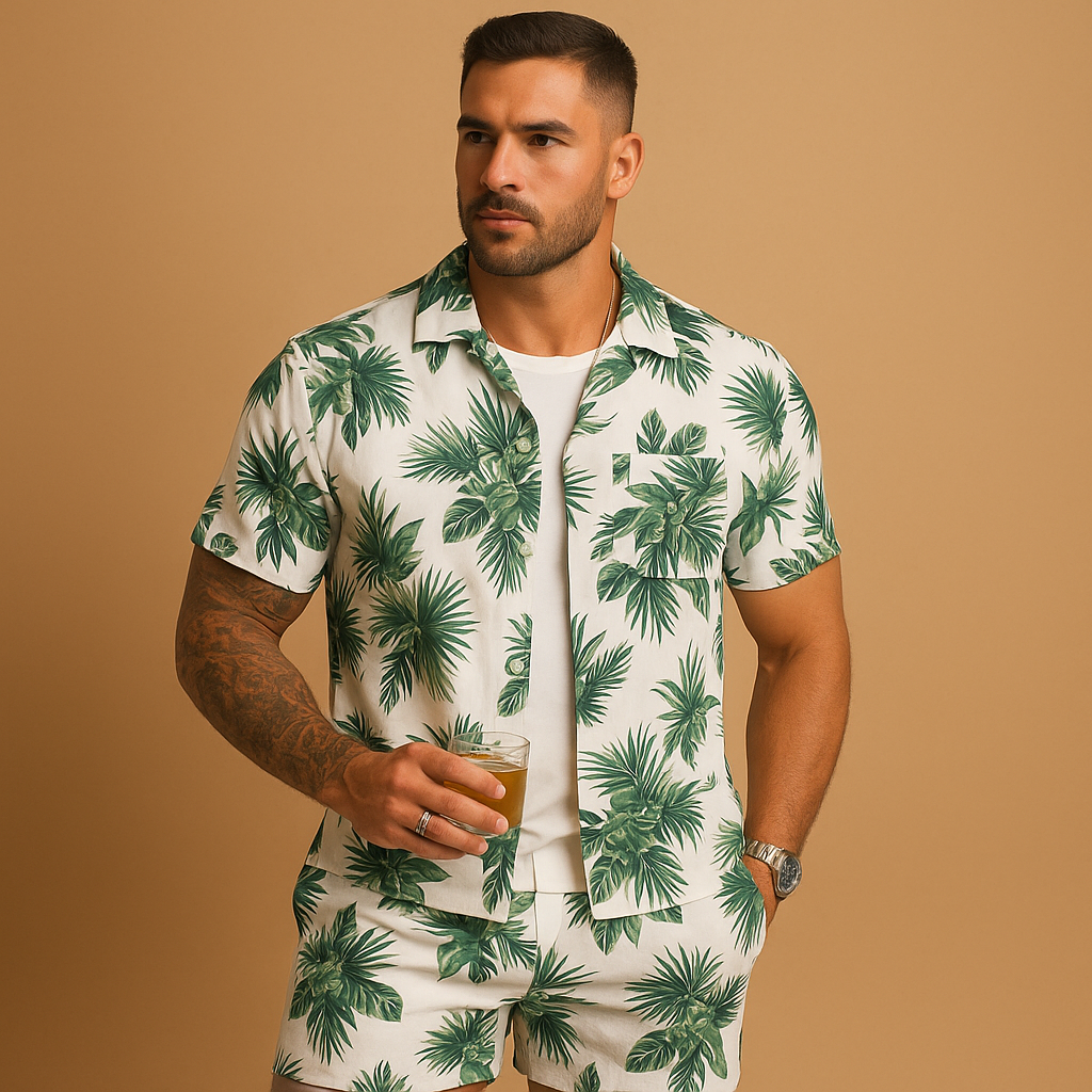 Men’s tropical summer set with palm and feather print, loose fit and breathable fabric. Perfect for beach days, holidays, or casual summer outfits.