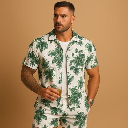 Men’s tropical summer set with palm and feather print, loose fit and breathable fabric. Perfect for beach days, holidays, or casual summer outfits.