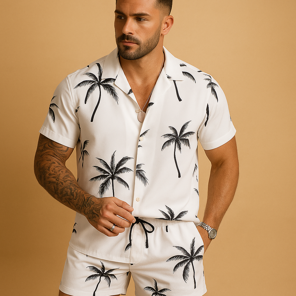 Men’s tropical summer set with palm and feather print, perfect for vacations, beach days, or relaxed summer outings.