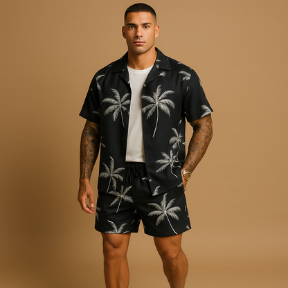 Men’s tropical summer set with palm and feather print, perfect for vacations, beach days, or relaxed summer outings.