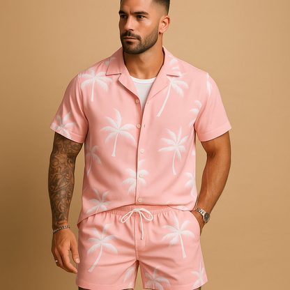 Men’s tropical summer set with palm and feather print, perfect for vacations, beach days, or relaxed summer outings.