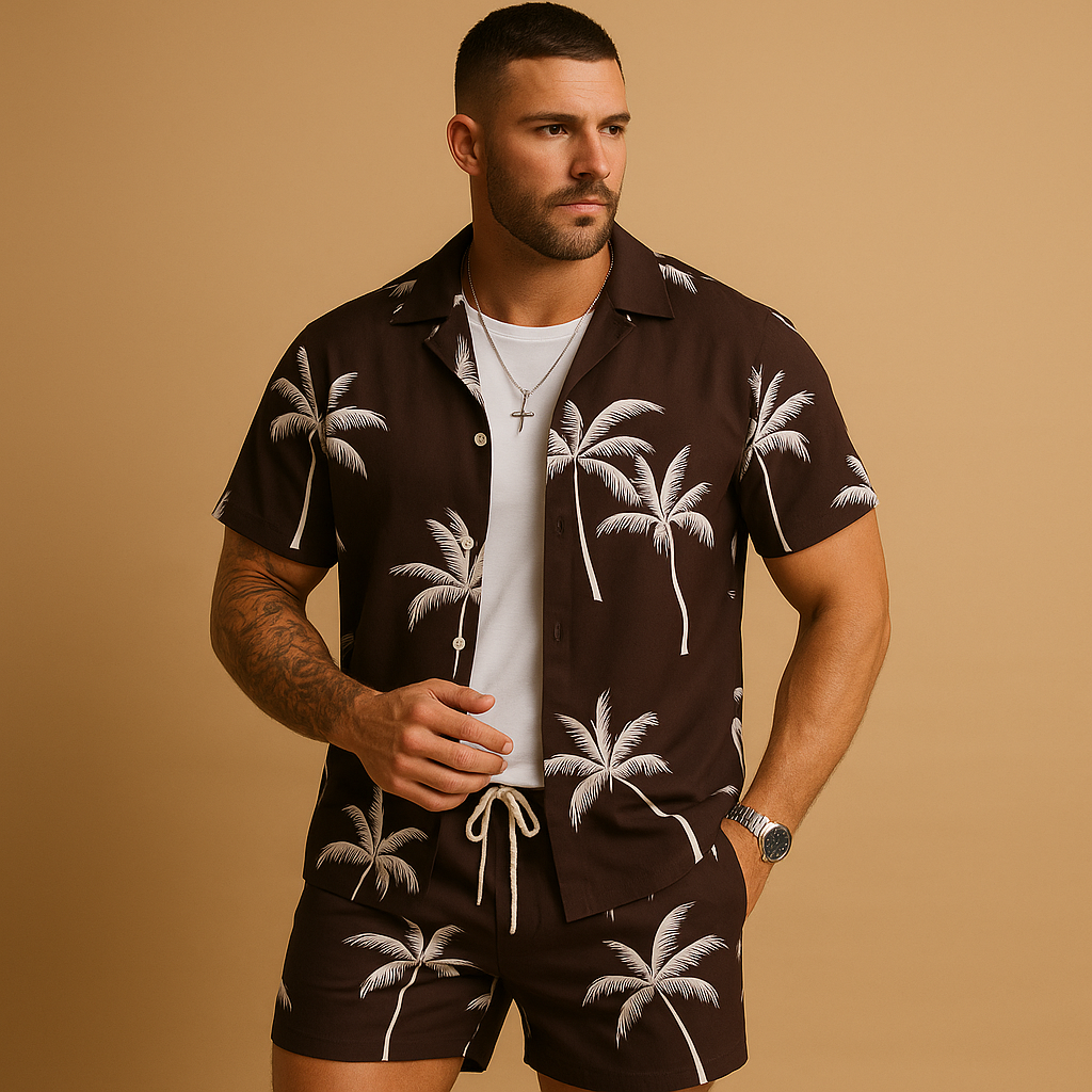 Men’s tropical summer set with palm and feather print, perfect for vacations, beach days, or relaxed summer outings.